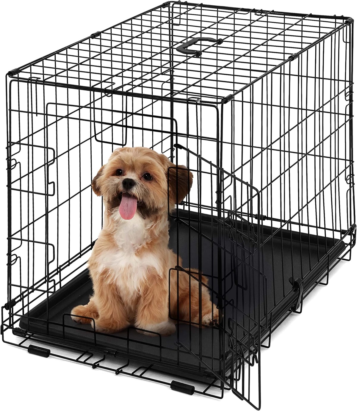 Dog resting inside a wire crate in a modern living room