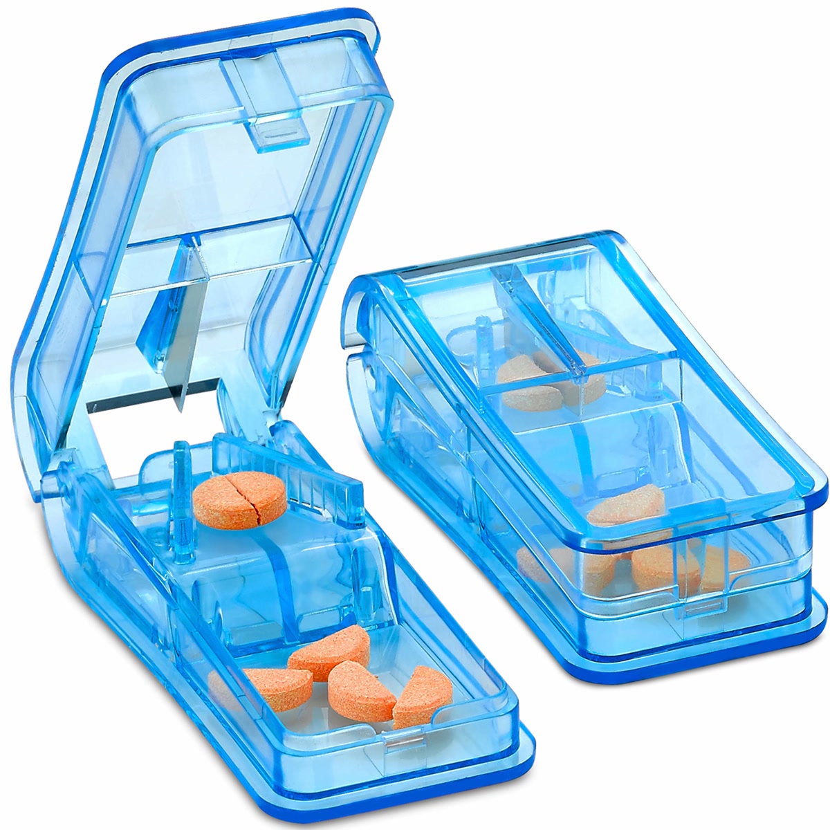 Person splitting pet medication pill with pill cutter on kitchen counter