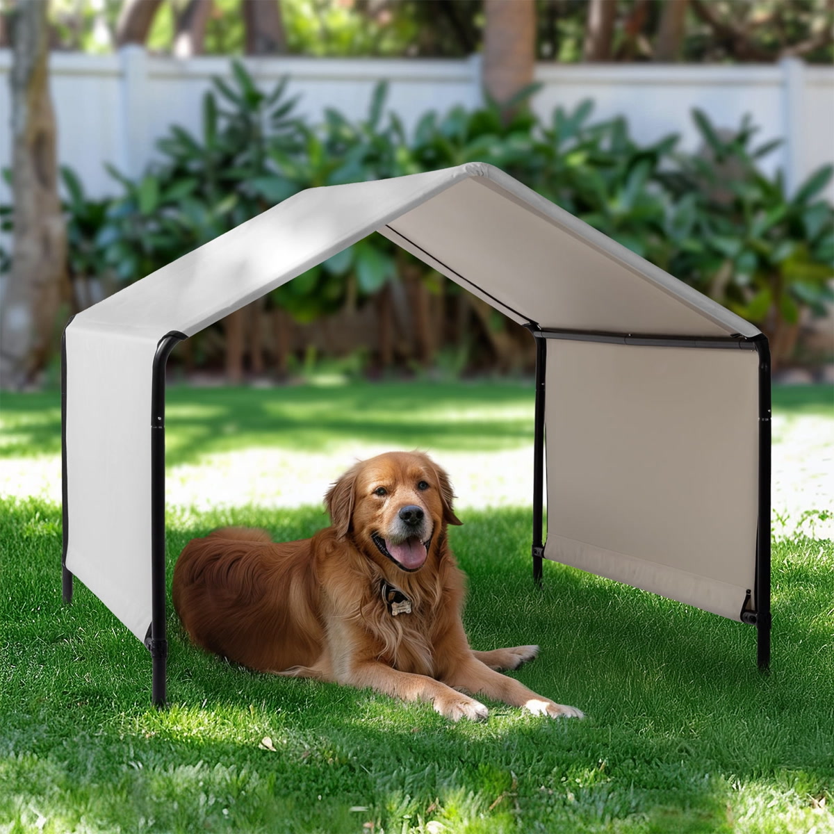 Dog relaxing under shade canopy
