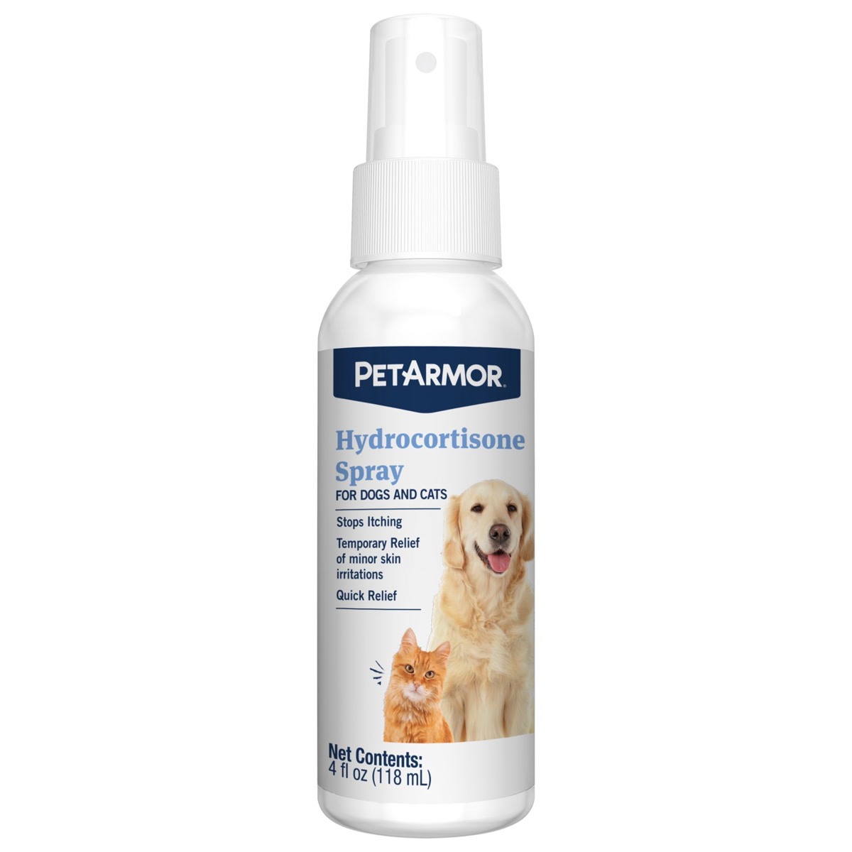 pet first aid supplies with hydrocortisone spray and antihistamine bottles on countertop