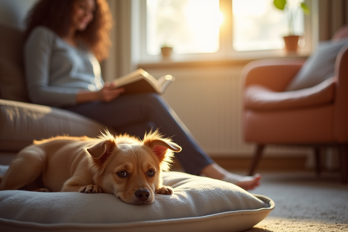 small dog relaxing on dog bed with pet sitter in cozy living room