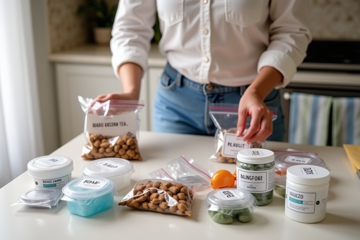 dog food portions and medication organizers packed on kitchen counter for boarding