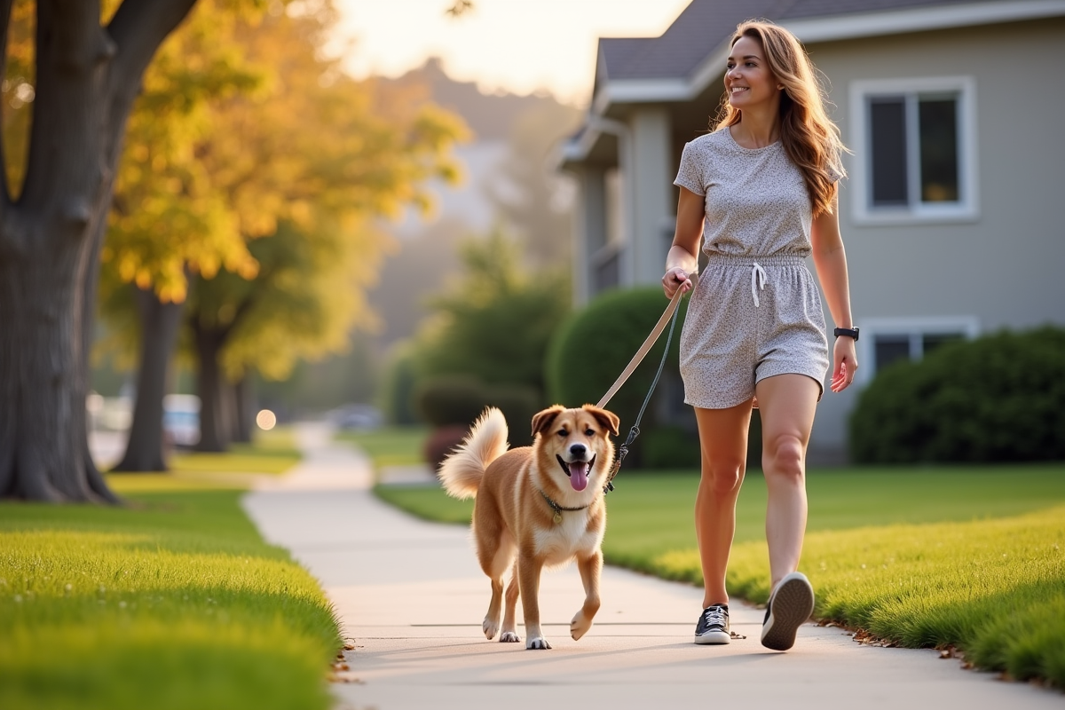 friendly woman walking a medium dog on suburban neighborhood sidewalk