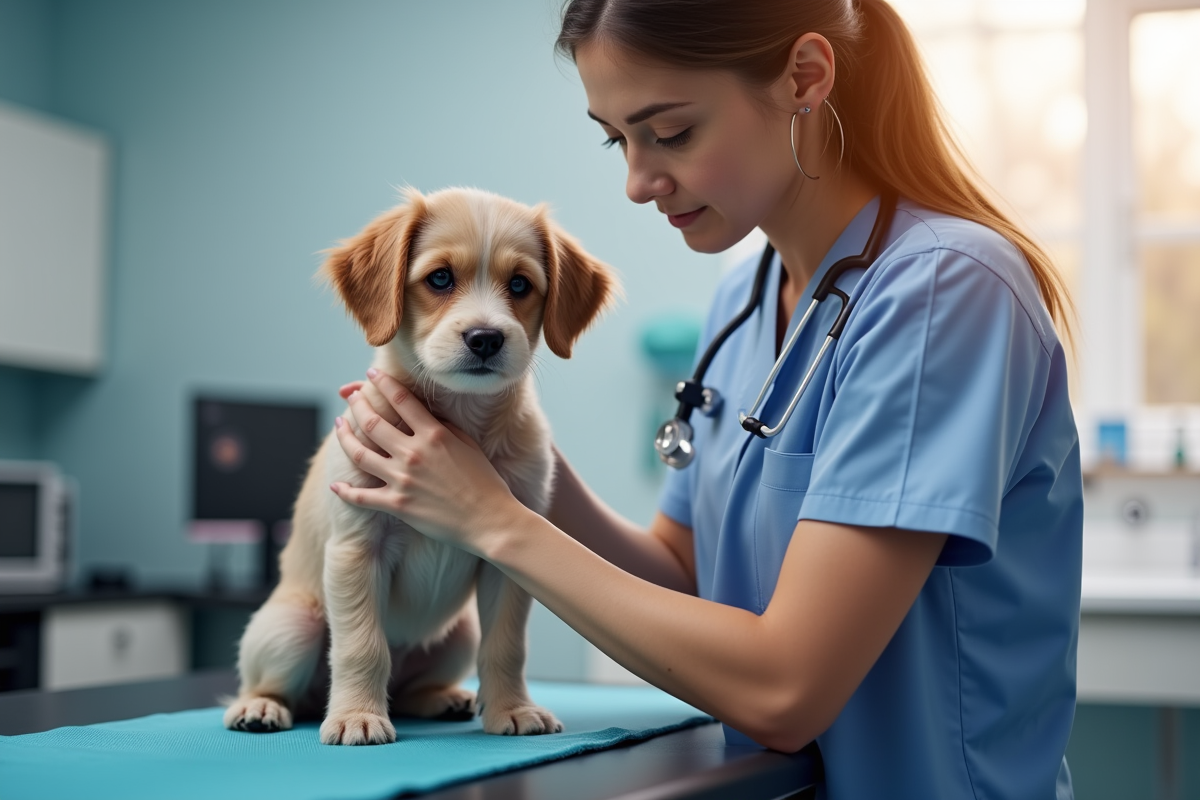 veterinary technician examining small senior dog on exam table in clinic