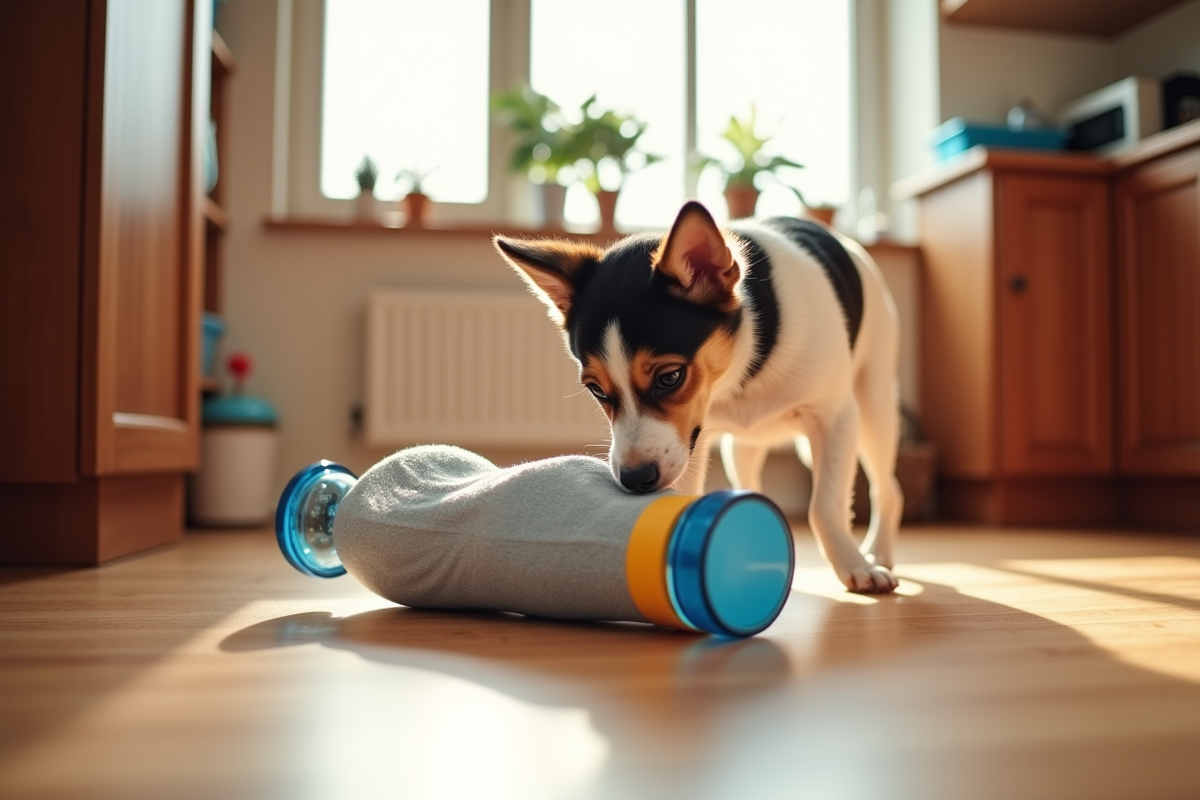 DIY dog toy made from water bottle inside old sock on kitchen floor