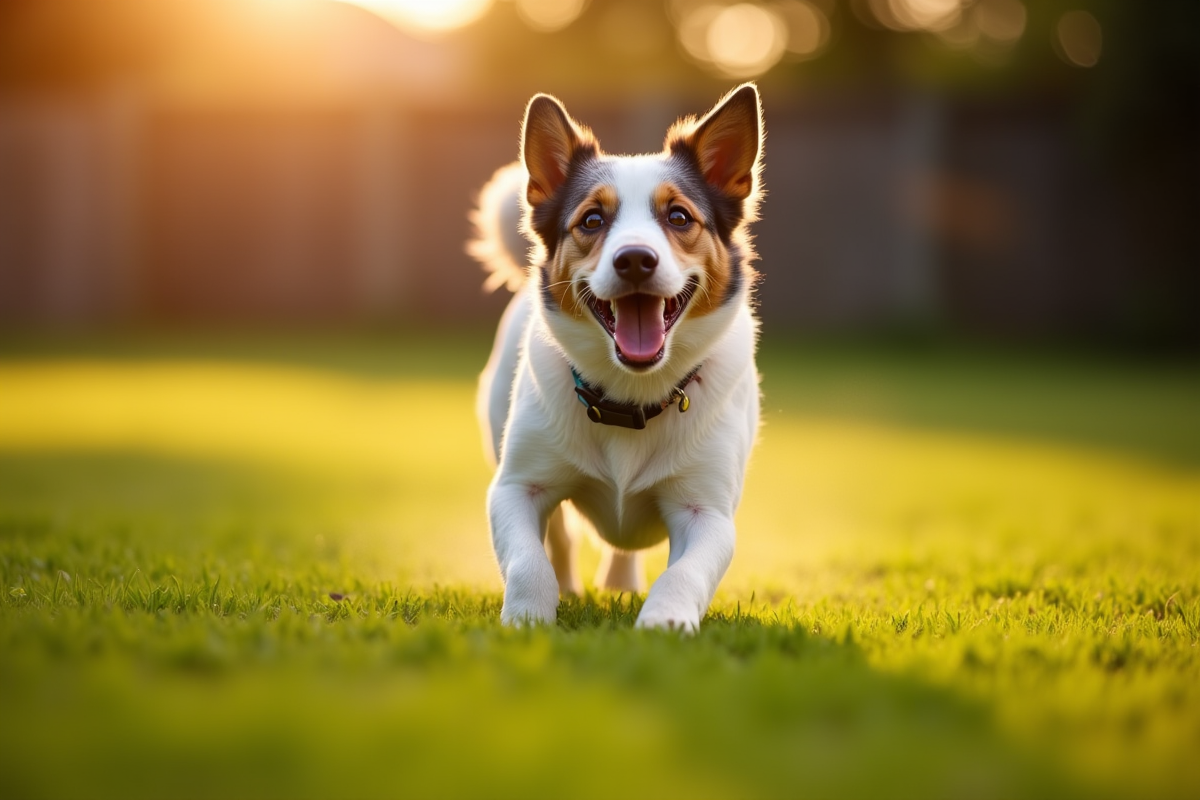 dog chasing flirt pole in backyard grassy yard