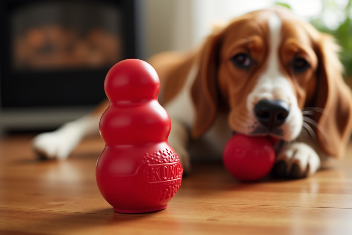 red KONG Classic rubber dog toy on hardwood floor