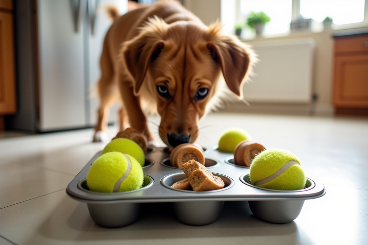 homemade puzzle feeder muffin tin with tennis balls and treats