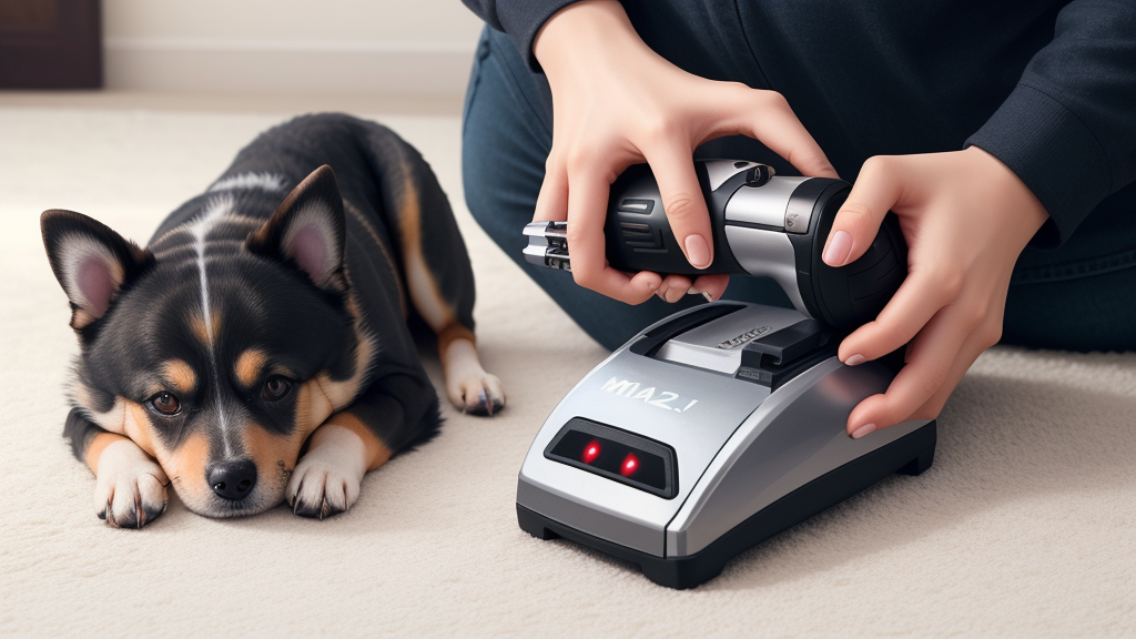 Cordless dog nail grinder being used on a dog's nail
