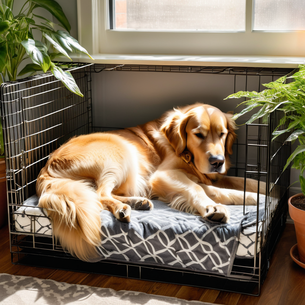 Golden Retriever sleeping comfortably in crate with cushion pad