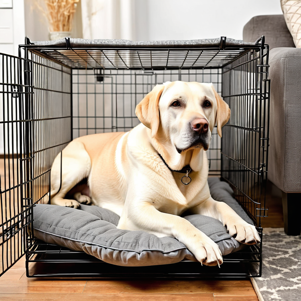 Labrador Retriever resting comfortably in a wire dog crate indoors