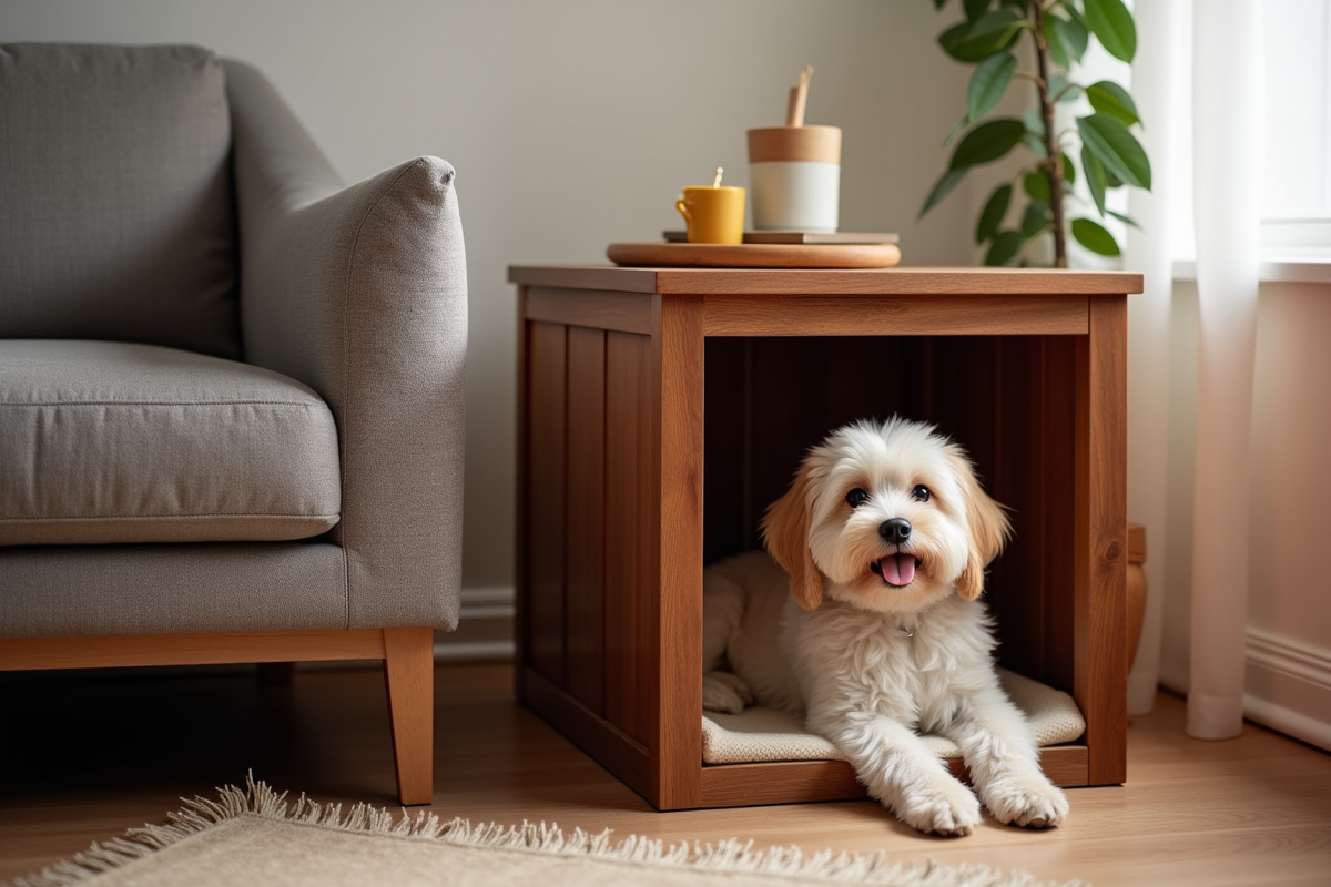 Dog comfortably resting in a budget-friendly wire crate with cushion and blanket