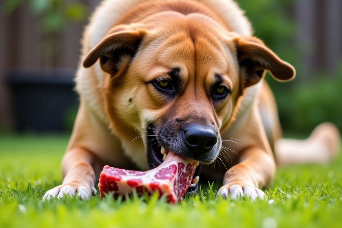 dog gnawing on raw beef bone in backyard