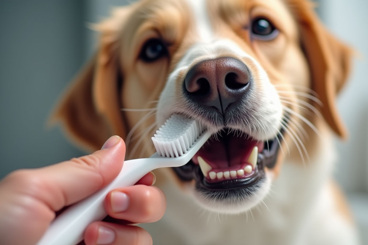 close-up of dog teeth being brushed with pet toothpaste
