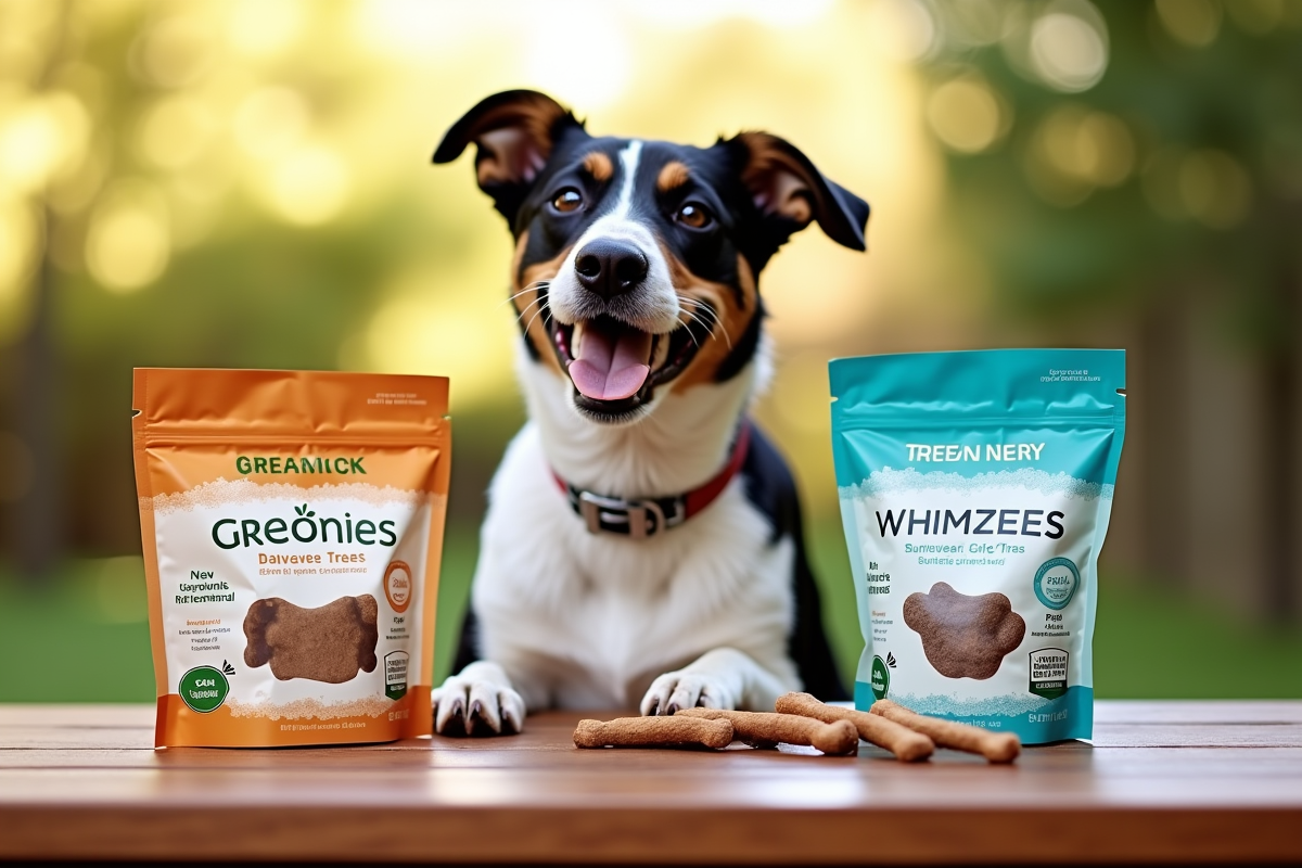 dental chews and treats arranged on table next to dog