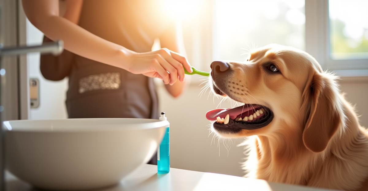 dog getting teeth brushed by owner at home with finger brush
