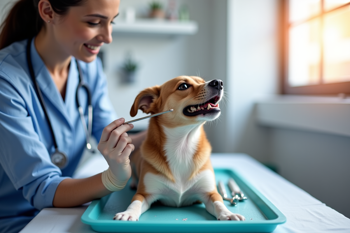 veterinarian examining dog teeth in clinic