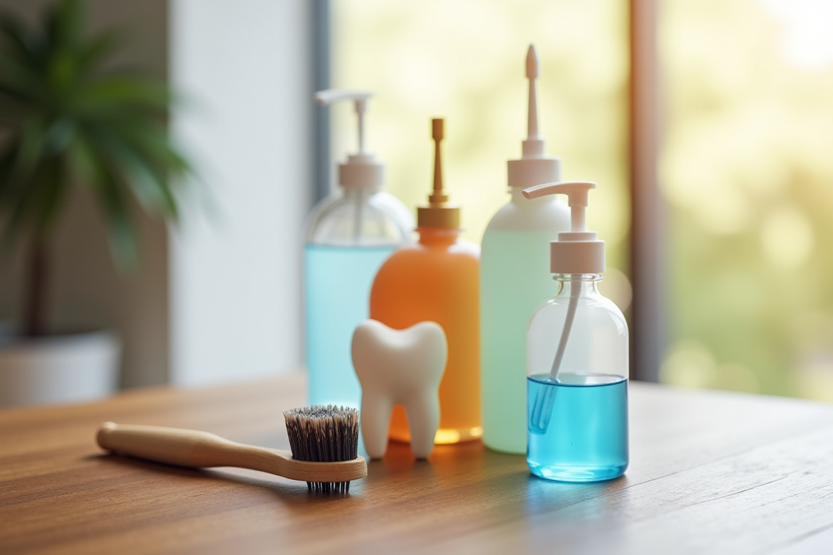 Dog dental care supplies on a wooden table
