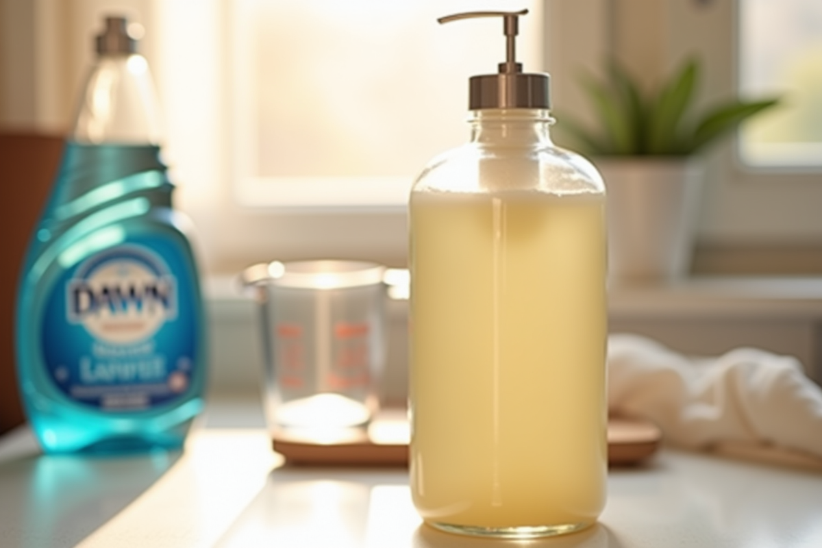 homemade dog shampoo bottle with Dawn dish soap and measuring cup on kitchen counter