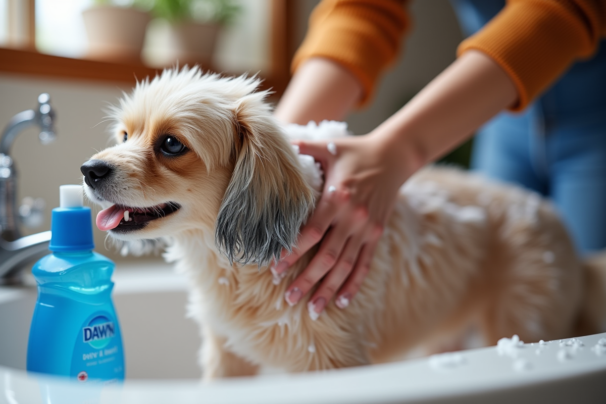 small dog being given flea bath with Dawn dish soap in laundry room sink