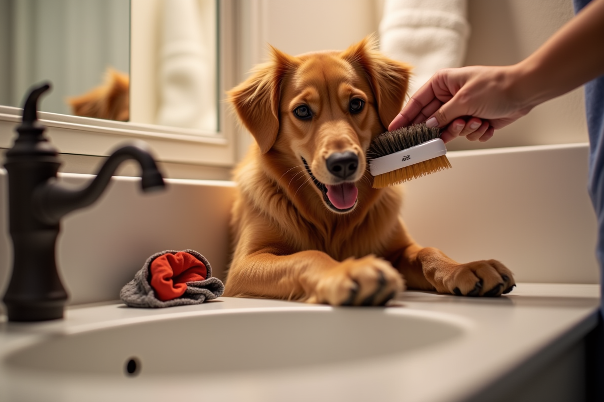 dog being brushed at home in bathroom with grooming tools including slicker brush and nail clippers