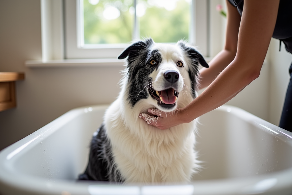 border collie being washed with oatmeal paste in home bathtub