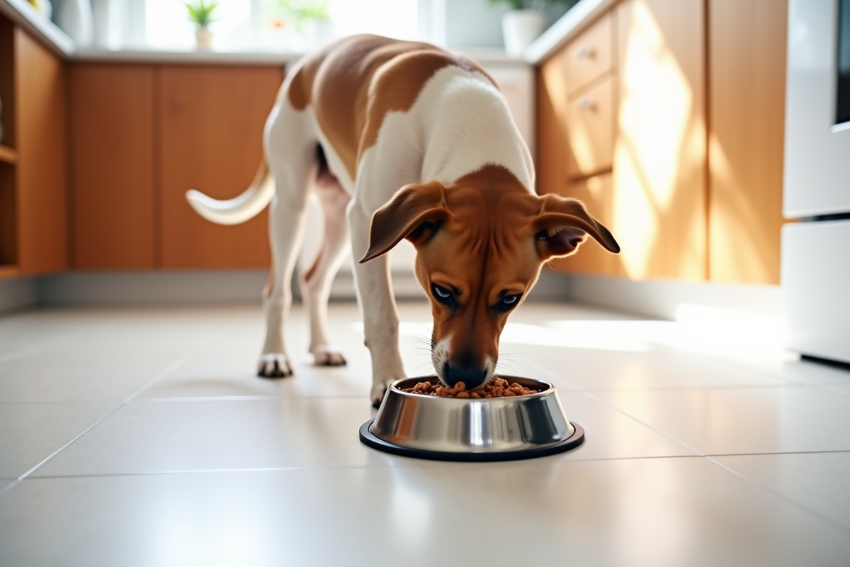 dog eating single protein meal from stainless steel bowl on kitchen floor