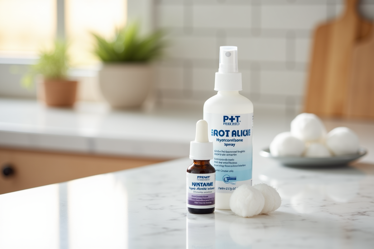 pet first aid supplies with hydrocortisone spray and antihistamine bottles on countertop