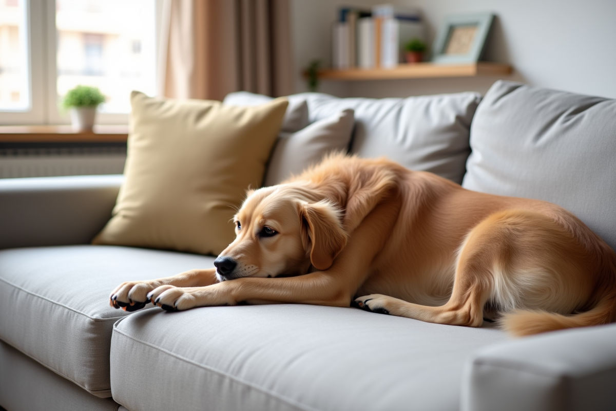 golden retriever licking paw while sitting on couch