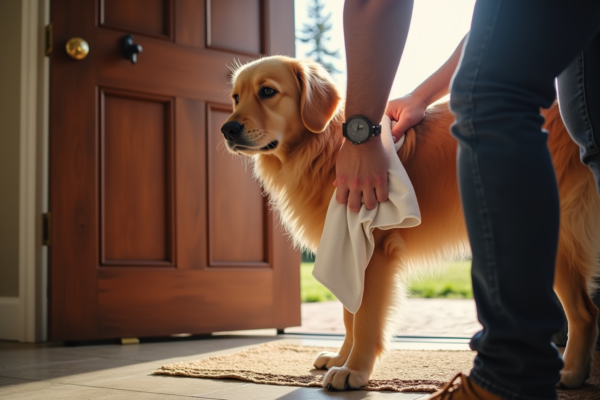 person wiping golden retriever paws with damp towel at front door