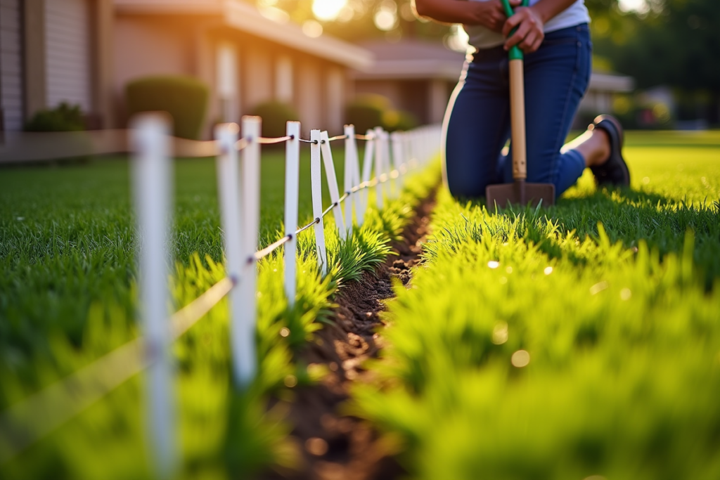 installing a DIY electric fence boundary wire in a suburban yard