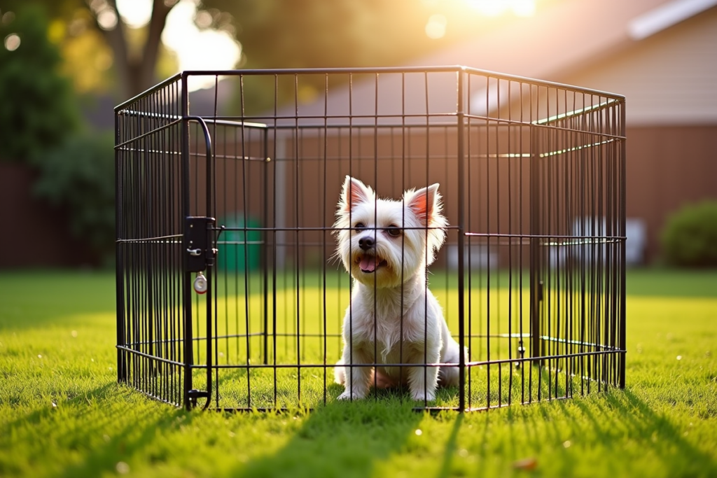 portable exercise pen set up on grass for small dog containment