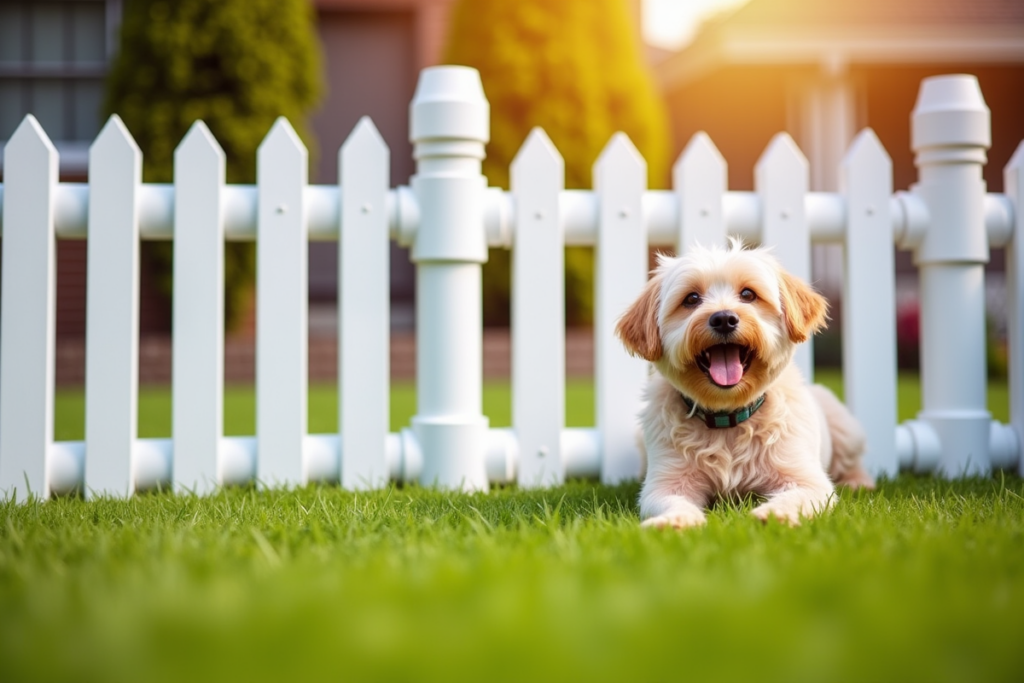 white PVC pipe fence in suburban yard with small dog sitting nearby