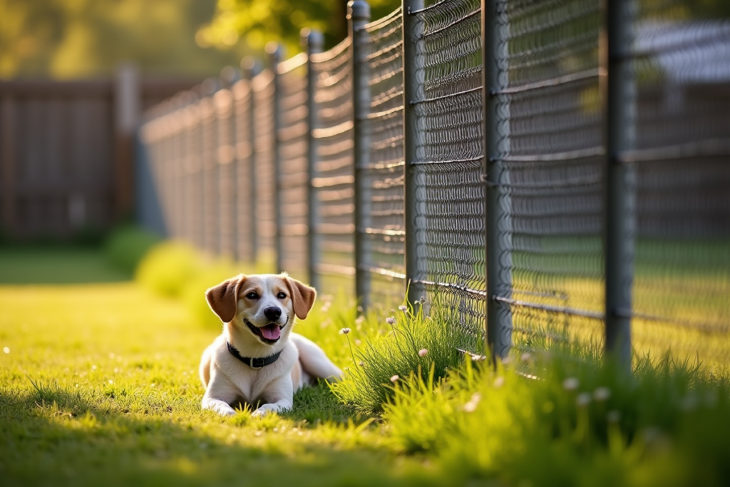 sturdy wire mesh fence on steel T-posts containing a dog in rural yard