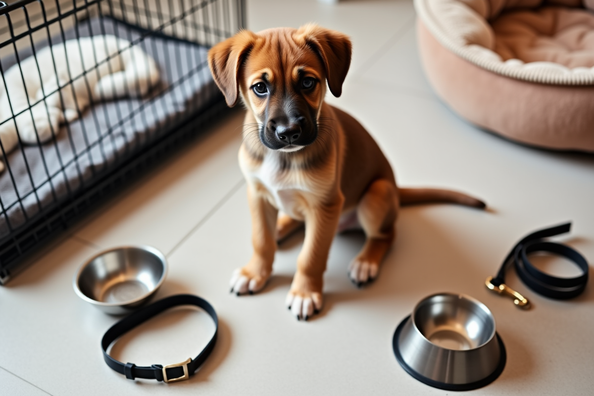 new puppy surrounded by essential supplies crate leash collar bowls and bed