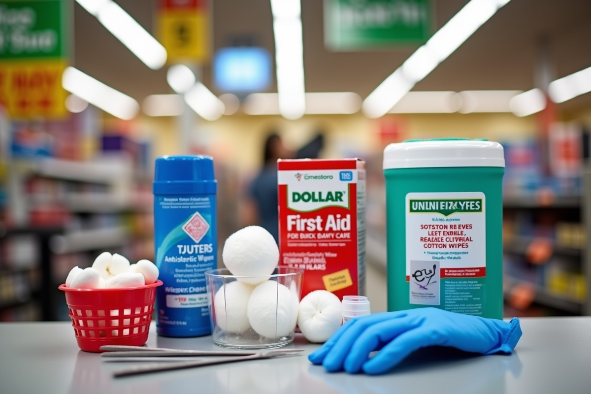 dollar store first aid supplies arranged on a checkout counter with tweezers, cotton balls, disposable gloves, antiseptic wipes, and a small basket