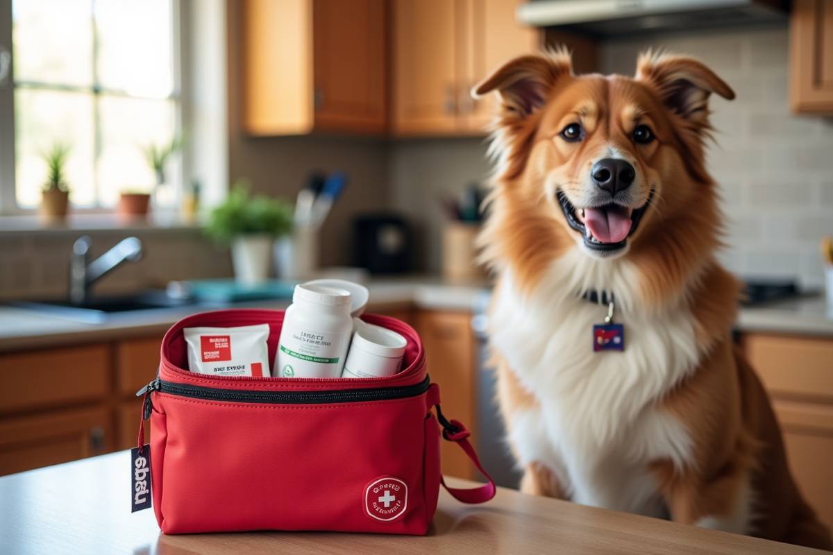 completed DIY dog first aid kit neatly organized inside a red zippered pouch with all supplies visible in labeled compartments on a kitchen counter next to a happy dog