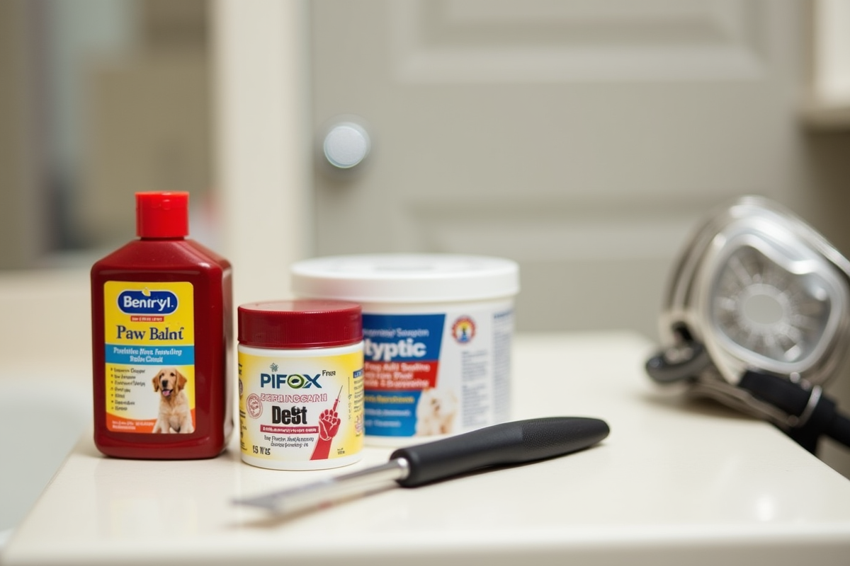 pet-specific first aid supplies on a bathroom counter including tick removal tool, Benadryl antihistamine bottle, paw balm tin, styptic powder container, and a dog muzzle
