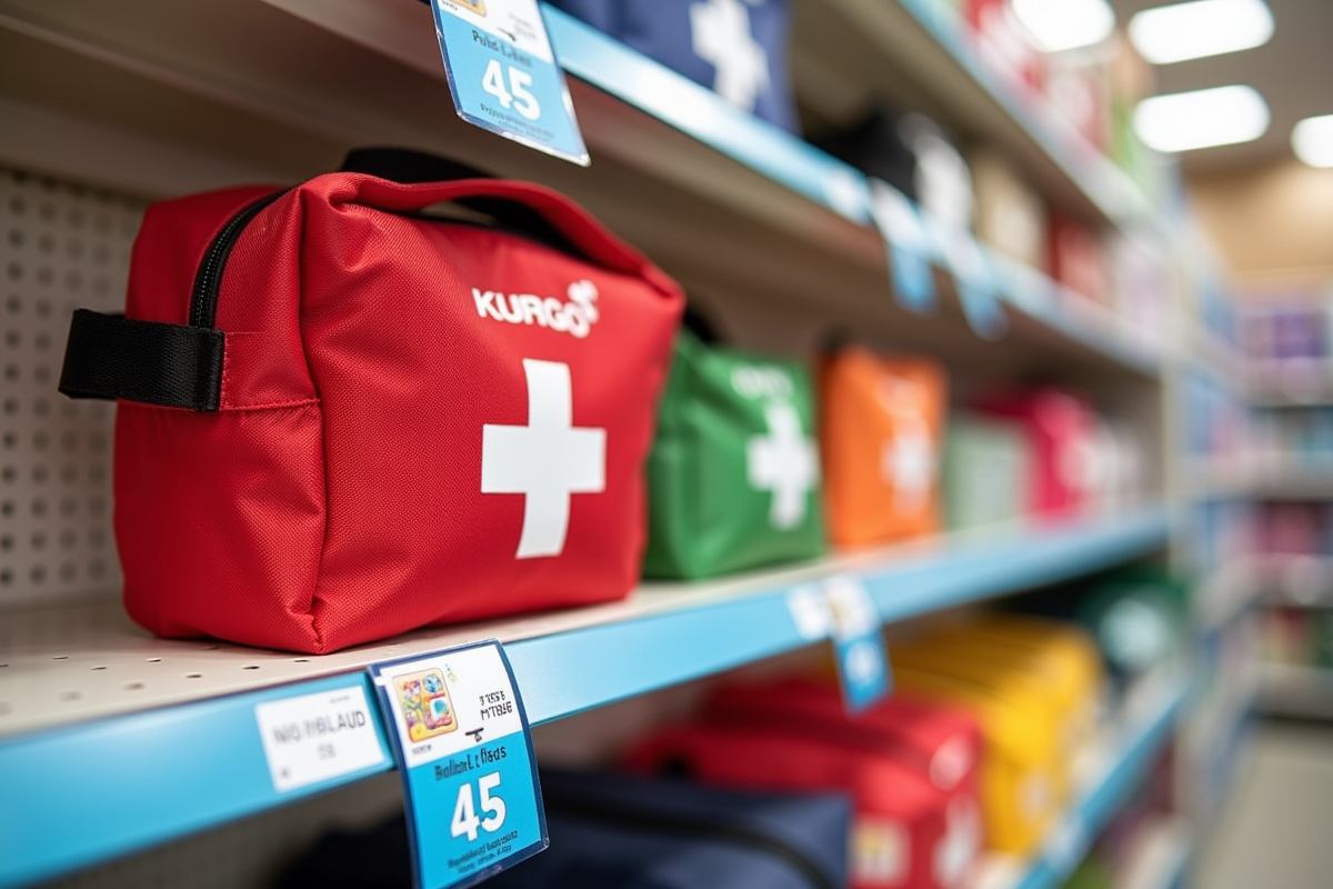 commercial pet first aid kits displayed on a store shelf with price tags showing 35 to 45 dollars
