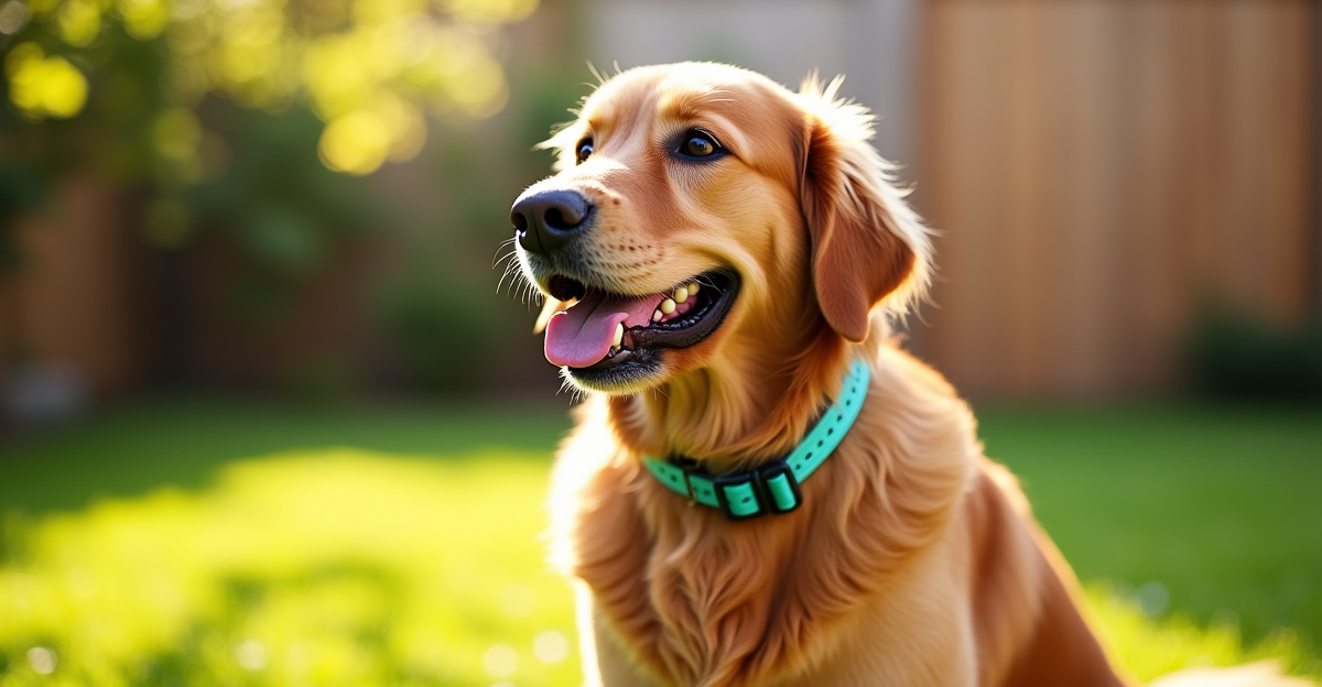Golden retriever wearing a flea and tick collar in a sunny backyard during summer