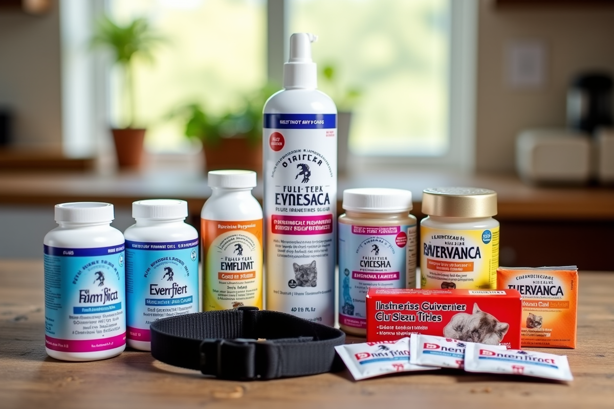 Assortment of flea and tick prevention products for dogs arranged on a wooden table