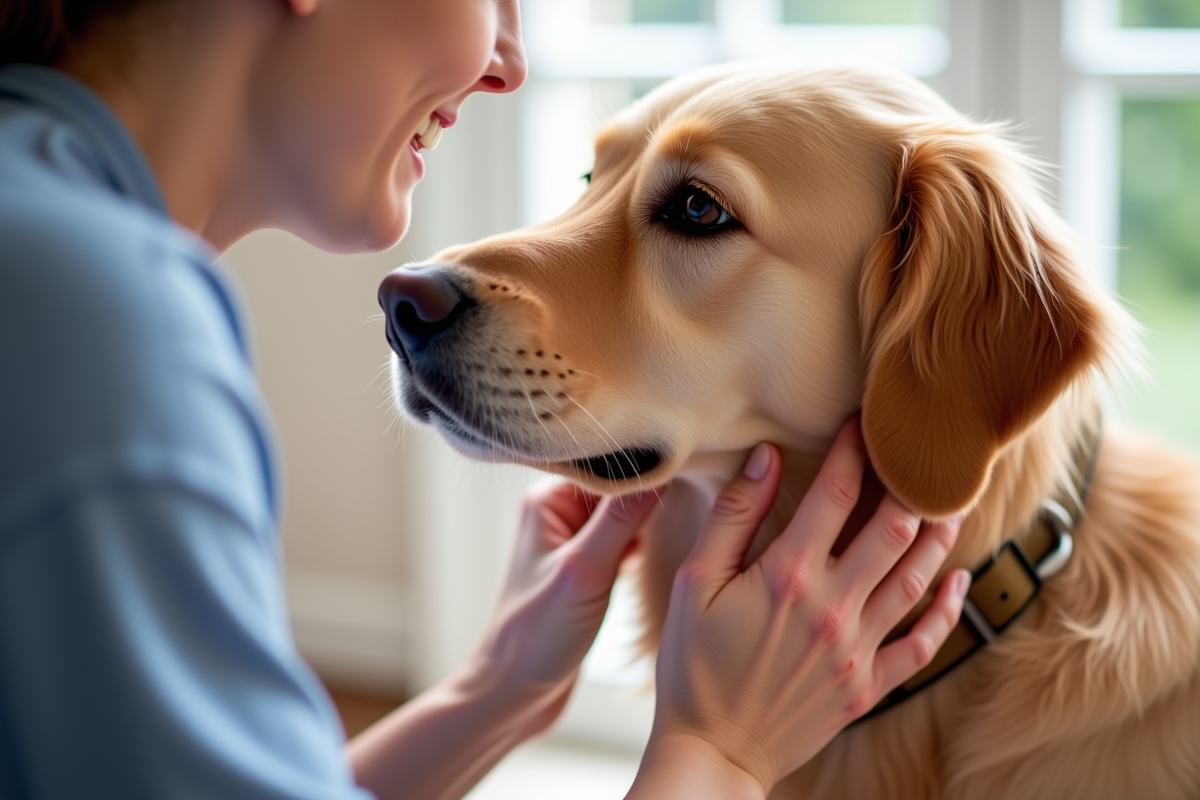 Close-up of a dog owner applying flea and tick topical prevention between the dog's shoulder blades