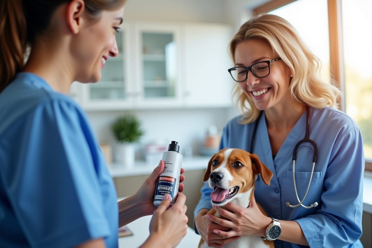 Veterinarian holding a flea and tick prevention product while discussing options with a dog owner in a clinic
