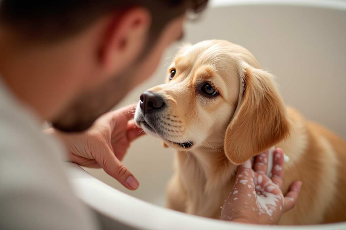 Bathing dog with medicated shampoo at home