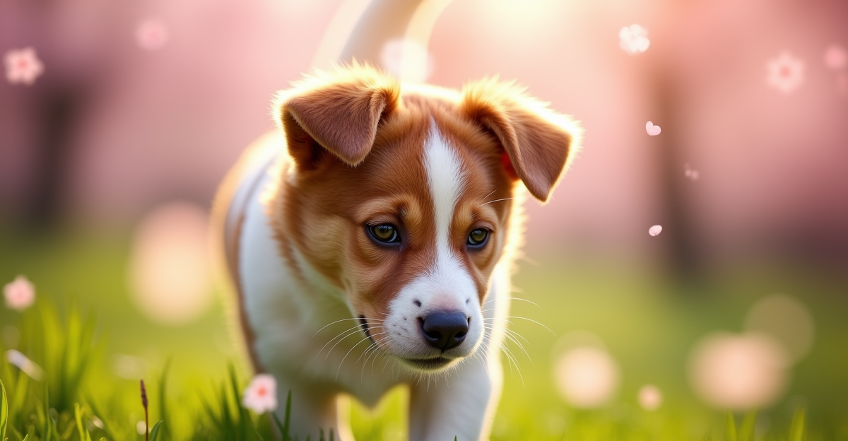 Dog scratching ear in spring garden