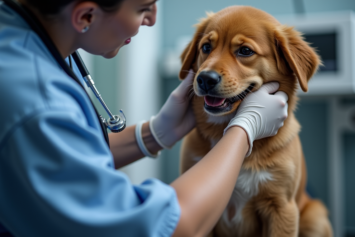 Veterinarian examining dogs allergic skin