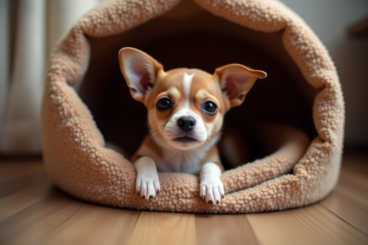 Small dog peeking from cave-style enclosed bed