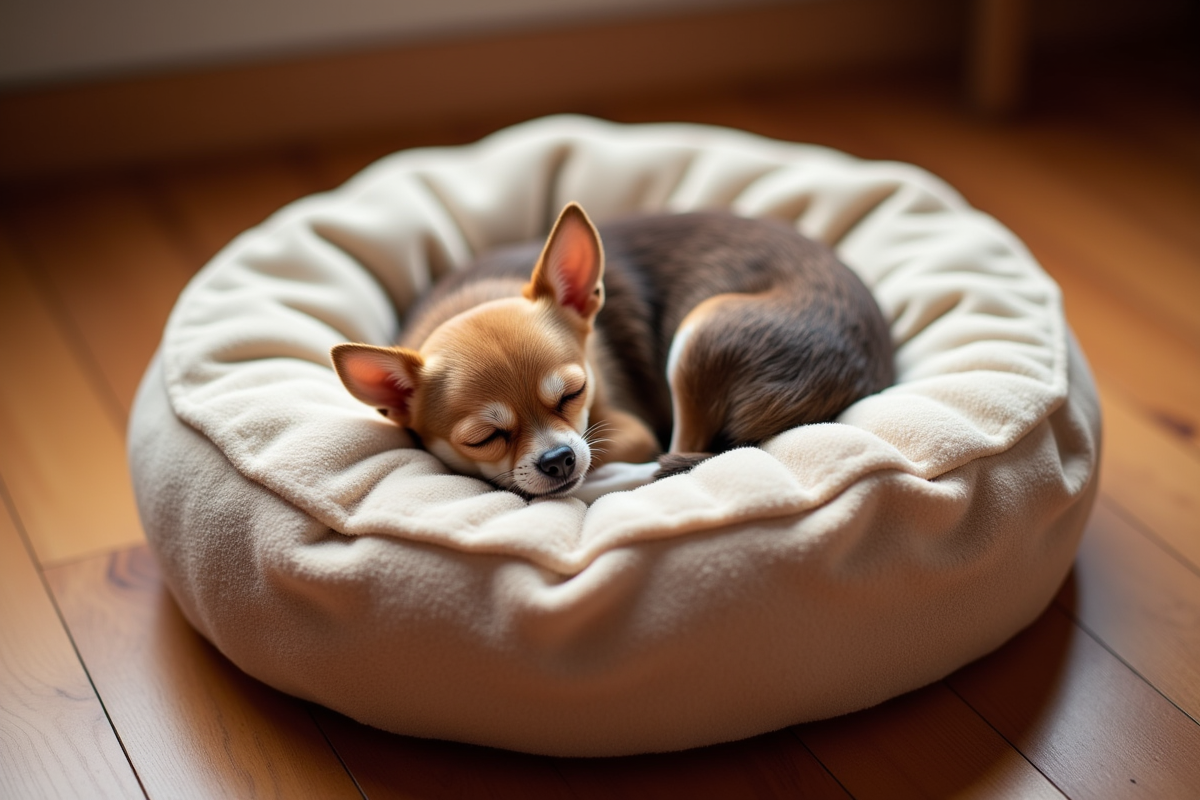 Small dog sleeping in round donut bed