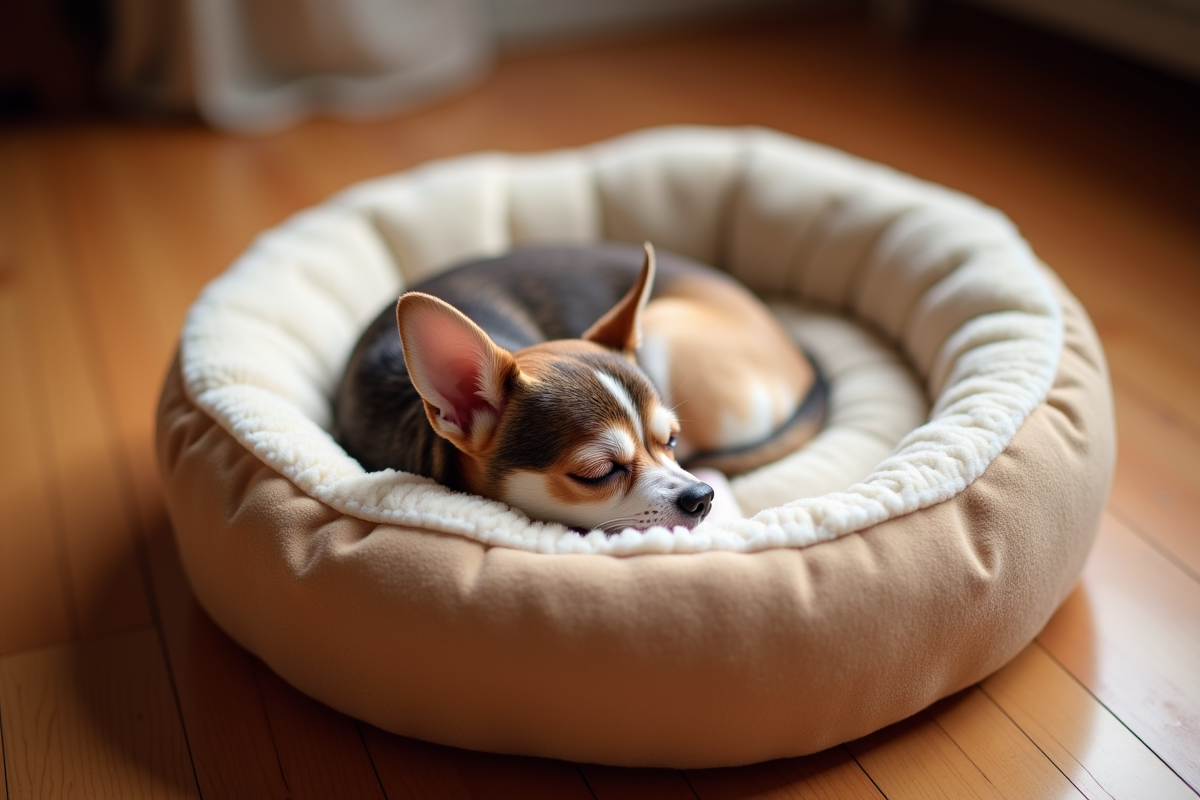 Small dog sleeping in round donut bed