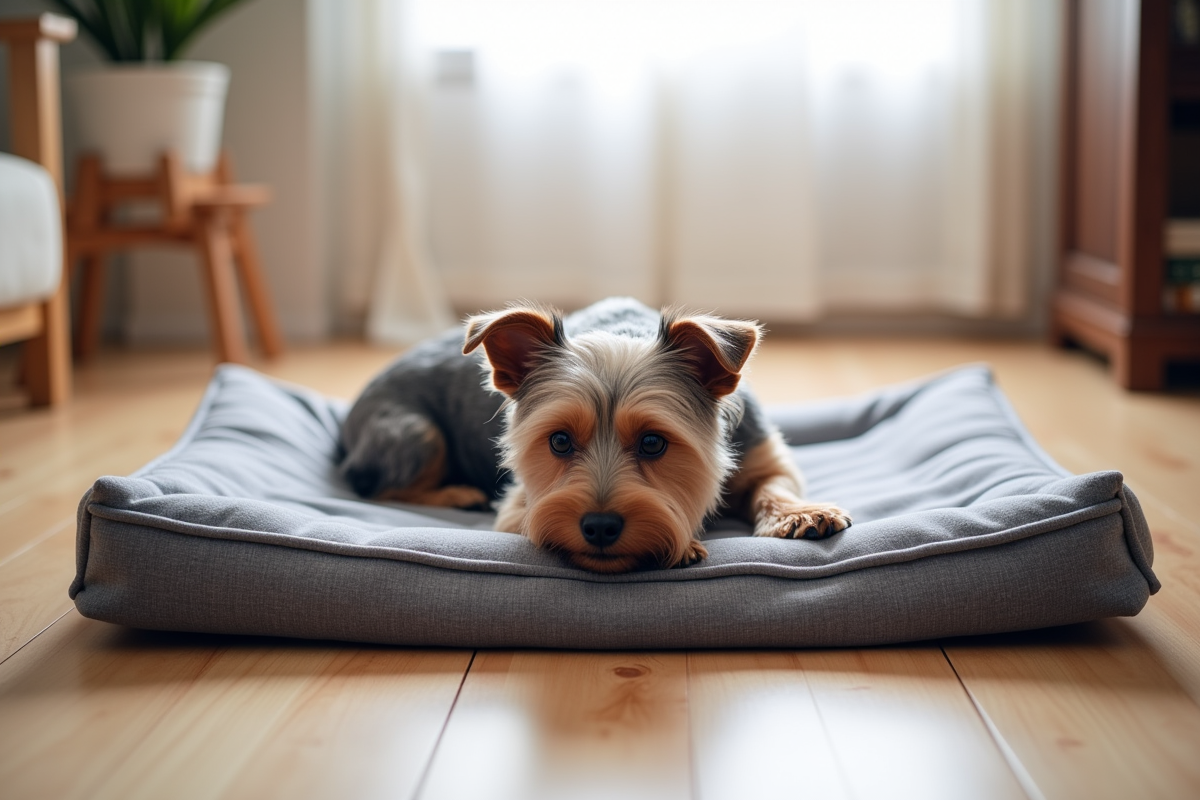 Small dog on flat orthopedic memory foam bed